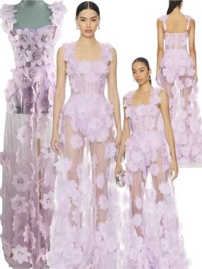 🆕 BRONX & BANCO 🧿 NWOT Rosalie Floral-Appliqué Tulle Gown, Lavender Sz XS US 2